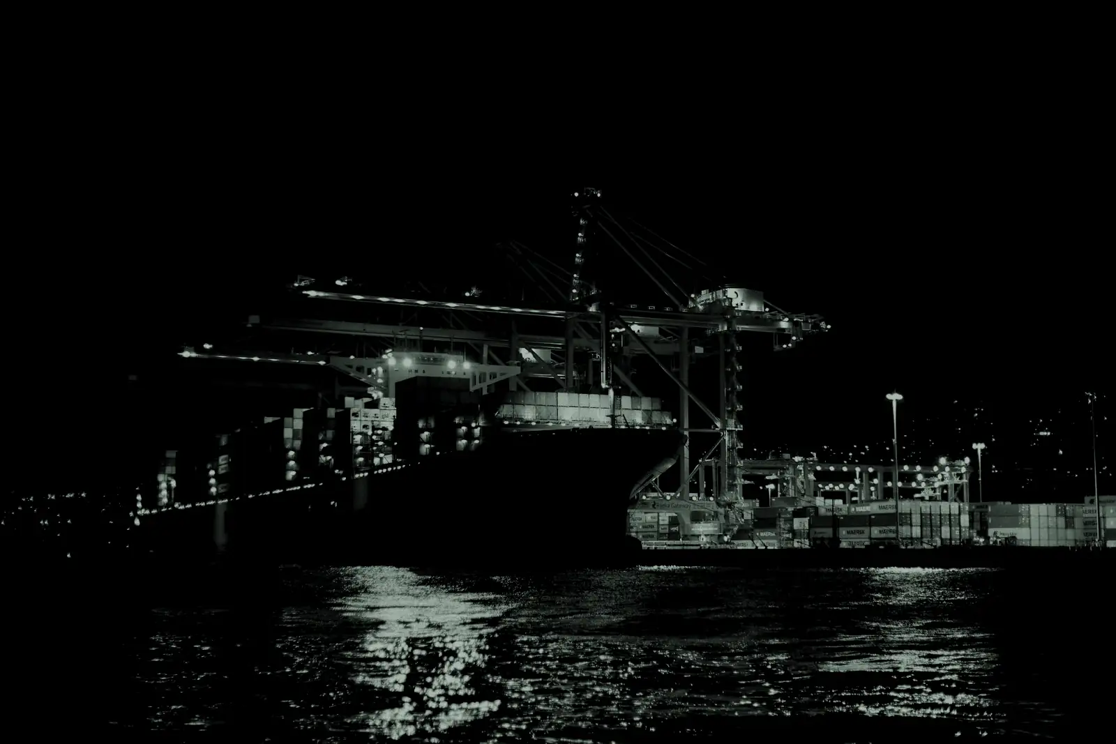 A container ship and gantry cranes in a lit port at night