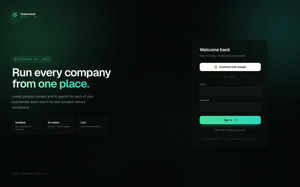 Greenwood Suite sign-in screen: Run every company from one place